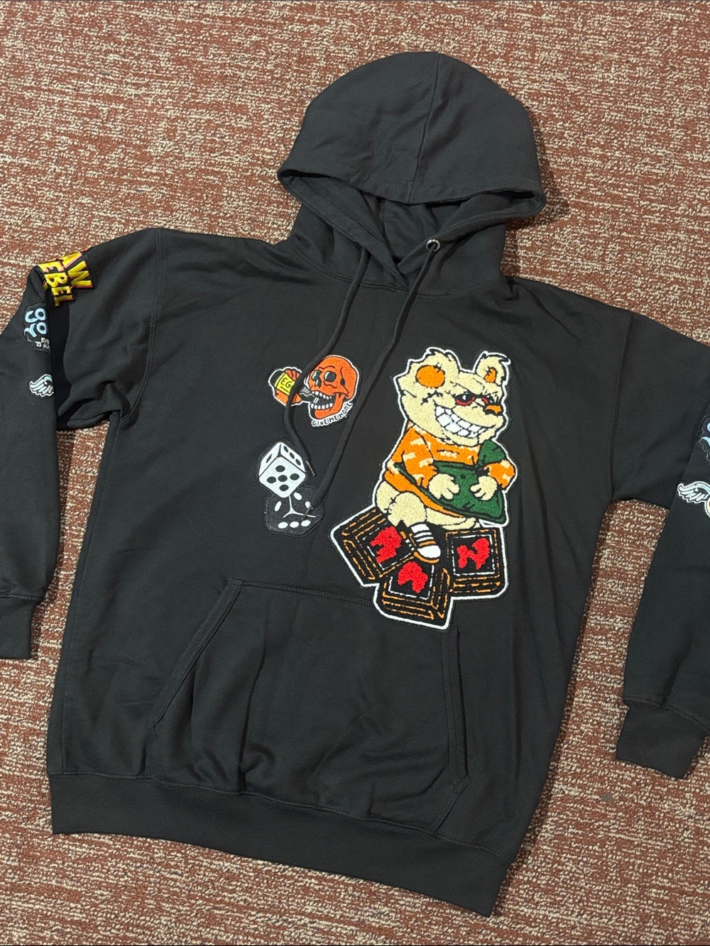 Rawalty clothing money teddy black chenille hoodie skull patch sweatshirt xl